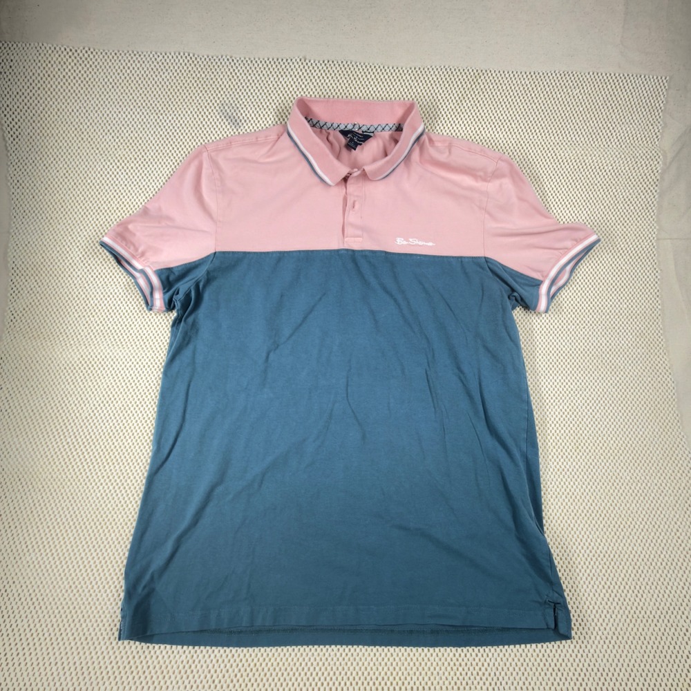 Ben Sherman Mens Polo Shirt Large Pink Teal Color Block Short Sleeve